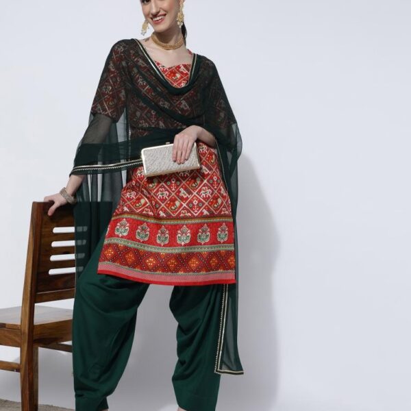 Red Printed Cotton Straight Kurta With Pant And Dupatta